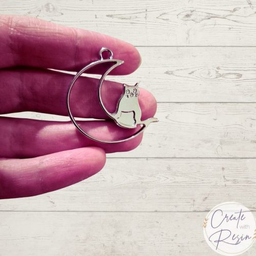 Cat on Crescent Moon Bezel Silver Tone